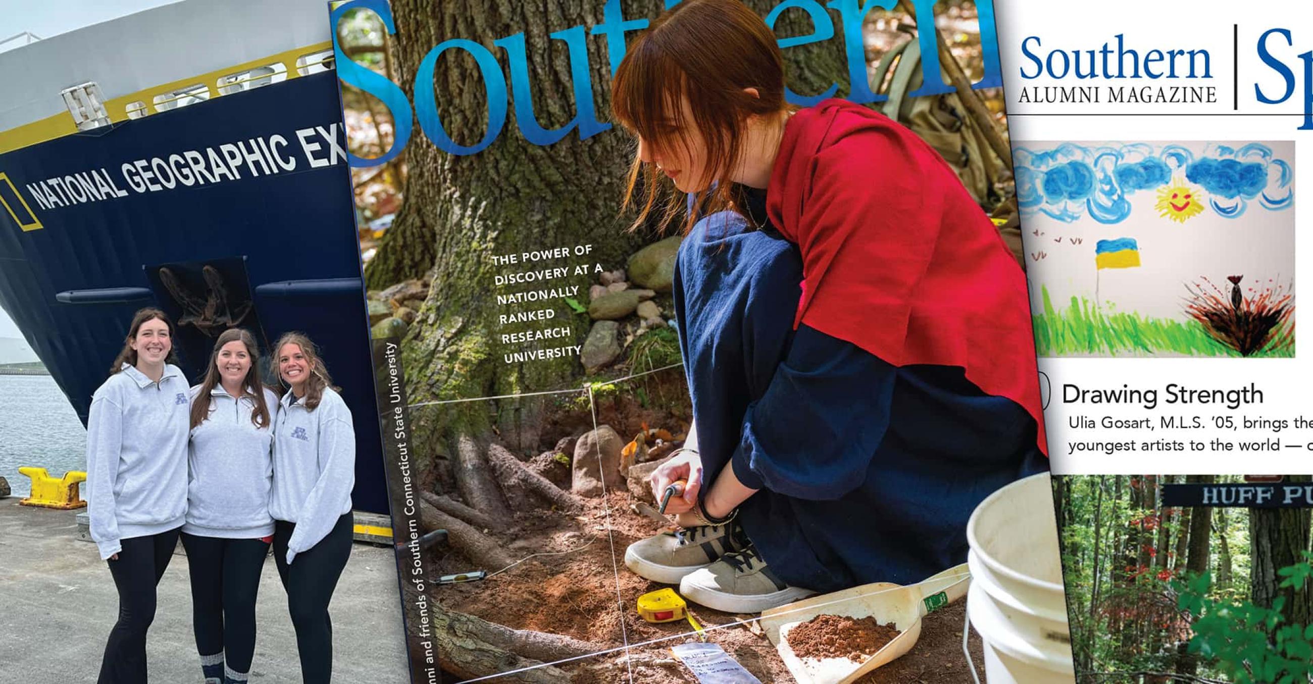 Spotlights from the alumni magazine include a three-woman team of visiting scientists in front of the National Geographic-Lindblad Expeditions ship; the cover with an undergraduate learning to conduct a field expedition; and artwork created by Ukrainian children, part of an exhibit created by a Southern undergraduate.