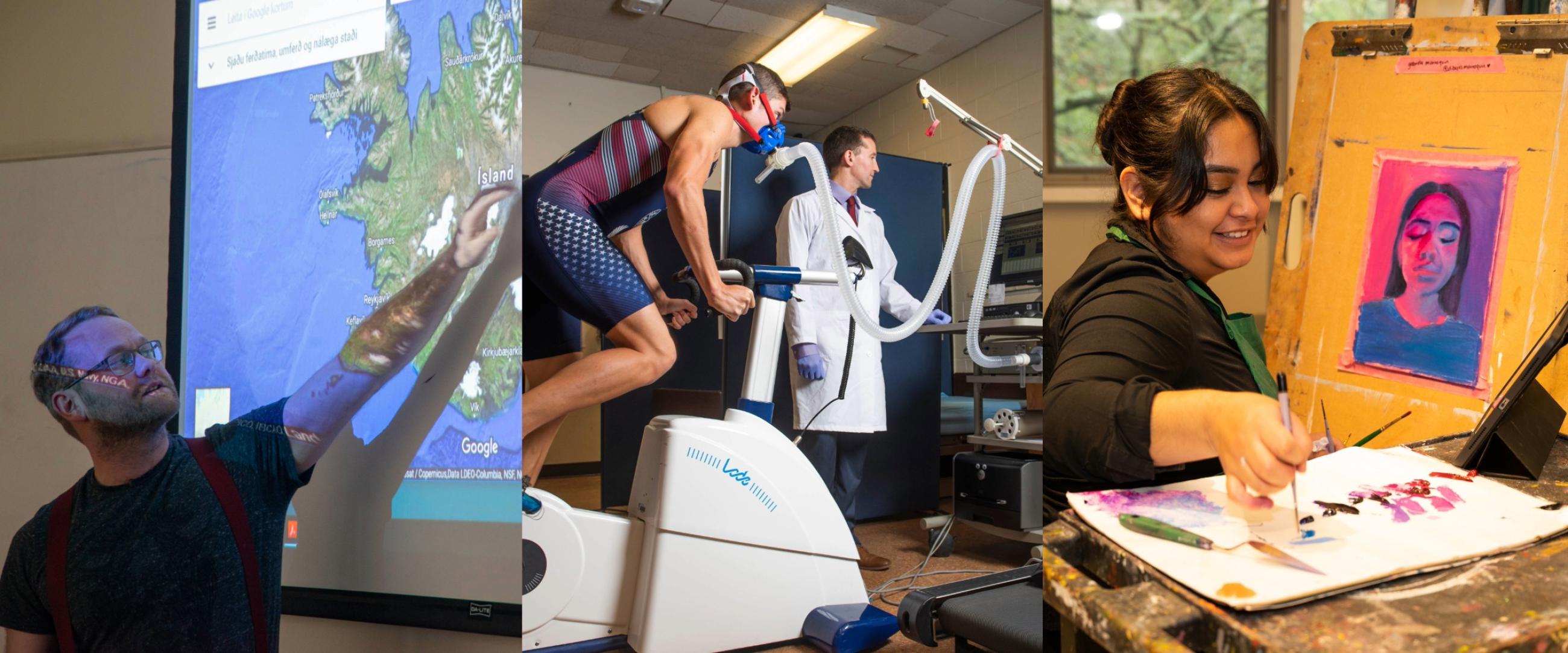 Collage, first with a person displaying a map, second of a human performance lab, third of an art student painting