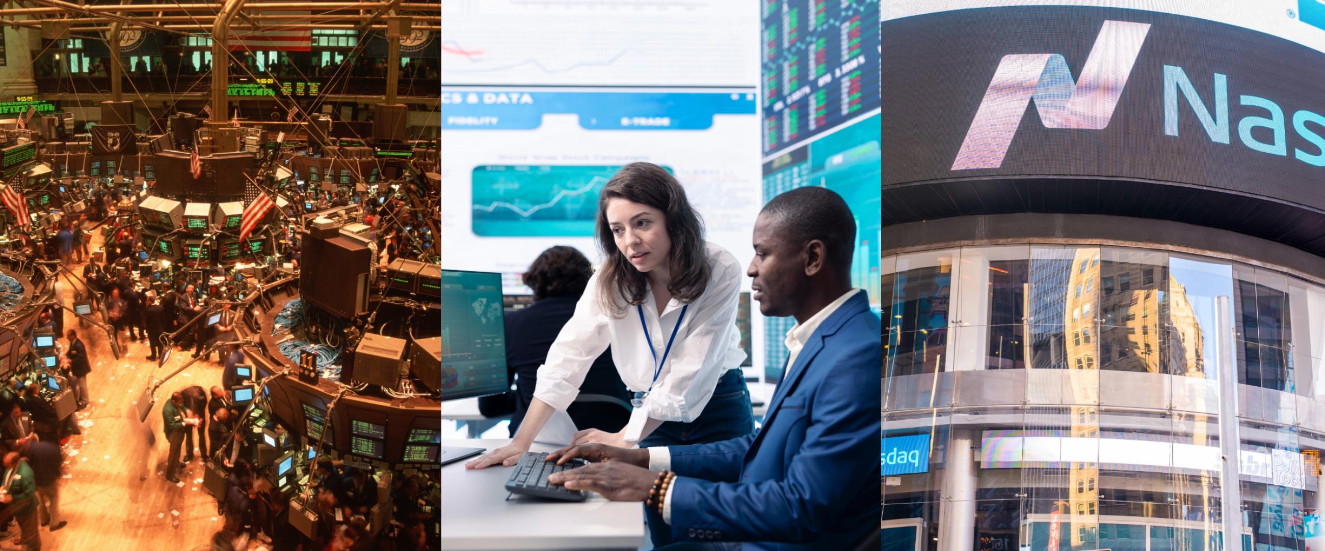 Collage of the stock market, NASDAQ, and two colleagues working in front of a computer