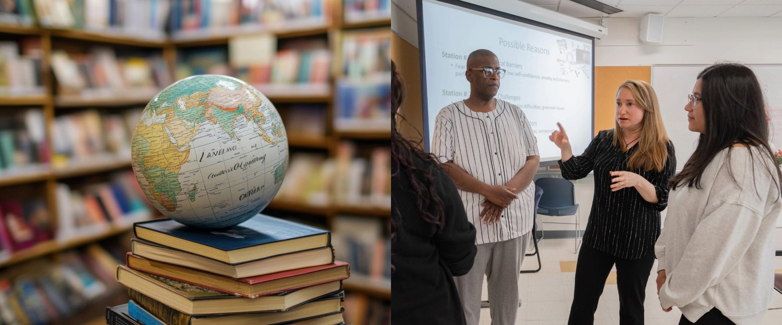 Collage of a globe over books and a woman teaching different languages