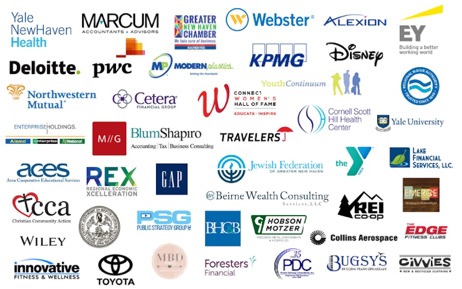 Disney, PwC, Deloitte, Ernst and Young, Yale New Haven Health, Webster Bank, Marcum LLP, City of New Haven, Enterprise, Northwestern Mutual, Yale University, Alexion, REI, Travelers, Toyota, Forester’s Financial (now Cetera), GNHCC, Regional Water Authority, Collins Aerospace, GAP, Jewish Federation of Greater New Haven, Lake Financial Services, LLC, Edge Fitness Club, MBD Beauty, KPMG, Civvies Vintage Clothing Store, Beers, Hamermann, Cohen & Burger PC, Mascola Group, Wiley, REX Development, Hobson & Mot